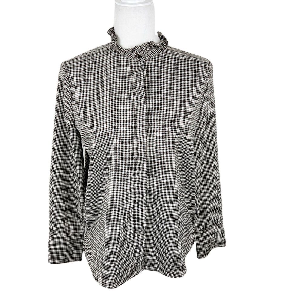 Maison de Roem Button Up Top Women Medium Black Houndstooth Long Sleeve Ruffled